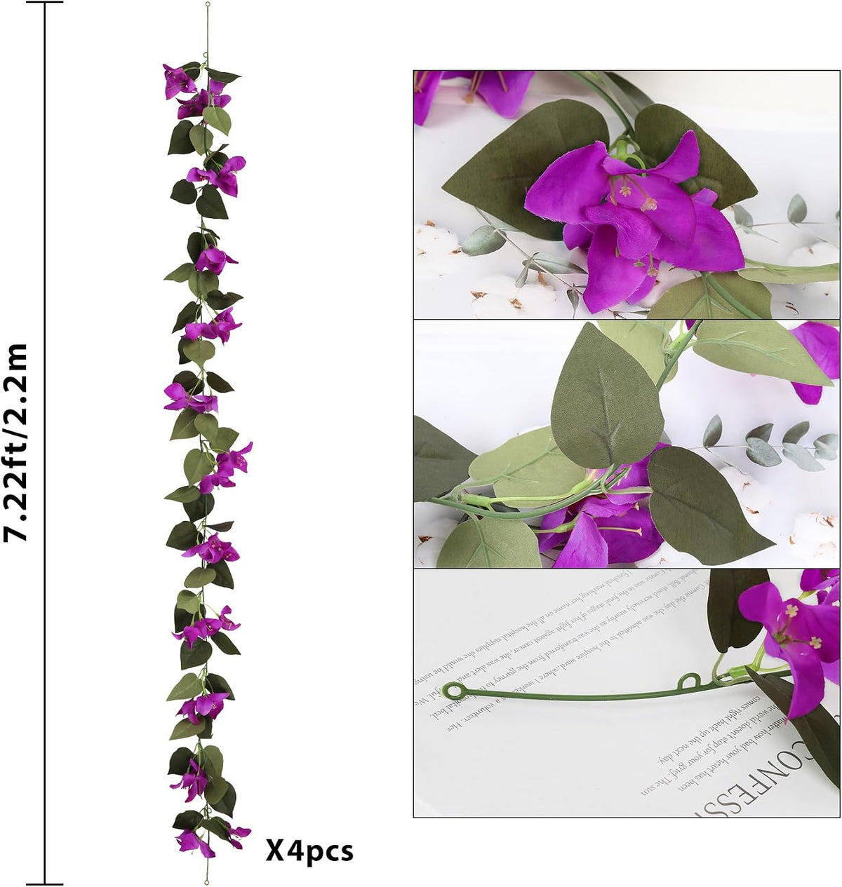 Artificial Bougainvillea Garland,4PCS 7.2ft/Piece Pink Flower Garland Faux Silk Bougainvillea Vines Artificial Decor for Wedding Arch Table Home Garden(Deep Pink)
