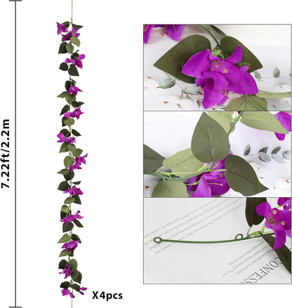 Artificial Bougainvillea Garland,4PCS 7.2ft/Piece Pink Flower Garland Faux Silk Bougainvillea Vines Artificial Decor for Wedding Arch Table Home Garden(Deep Pink)