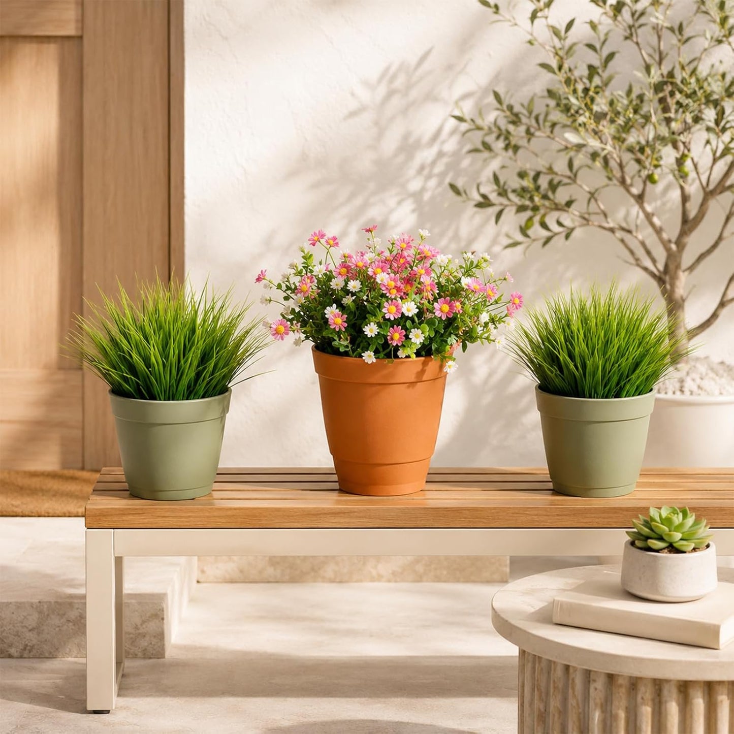 4 Pcs Artificial Wheat Grass, 28cm Fake Grass Faux Plastic Plants Outdoor UV Resistant Wheat Fake Grasses Plants, Greenery Shrubs, Artificial Grasses Outdoor, Faux Greenery Shrubs for Planter