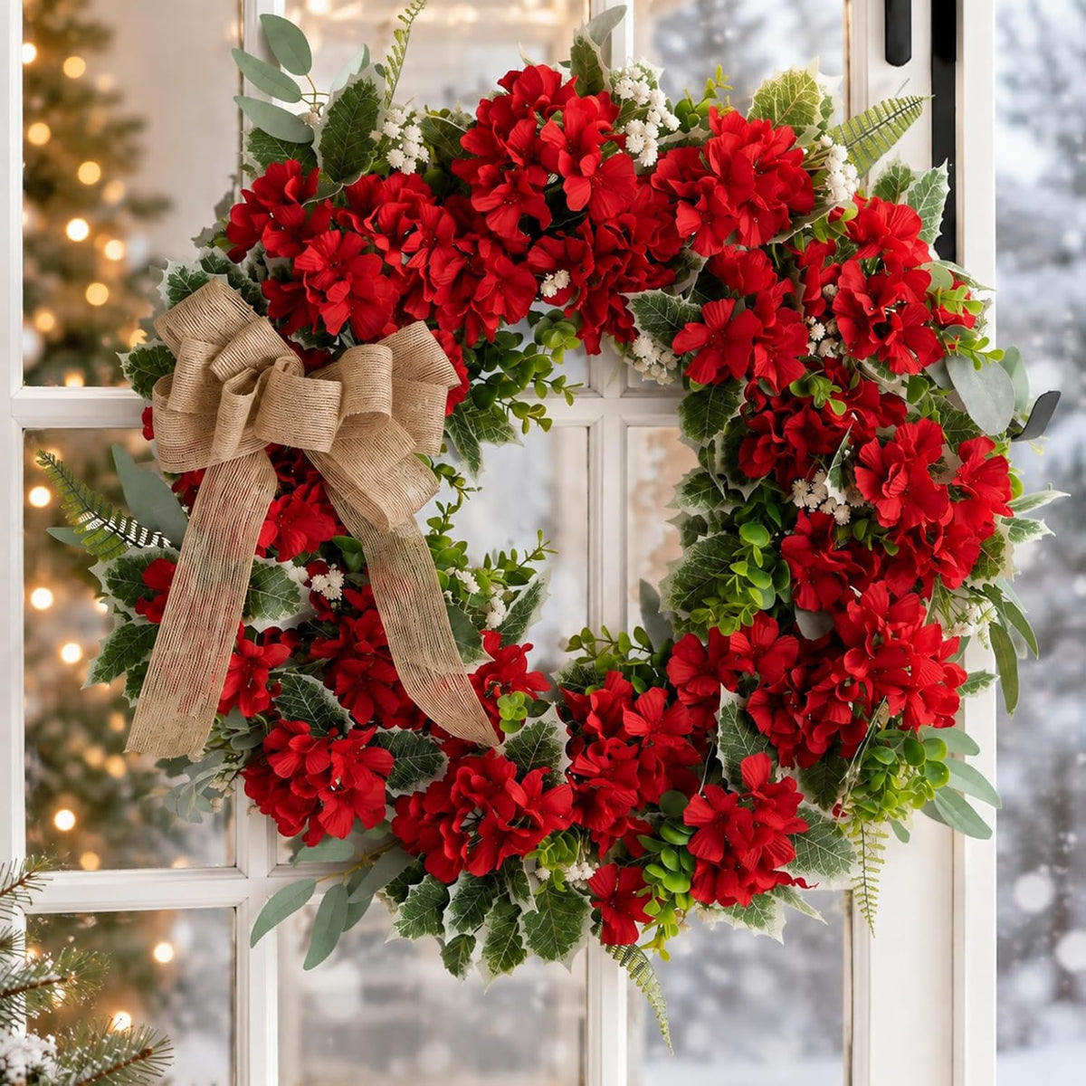 Geranium Wreath for Front Door: Christmas Red Wreaths, 24 Inch