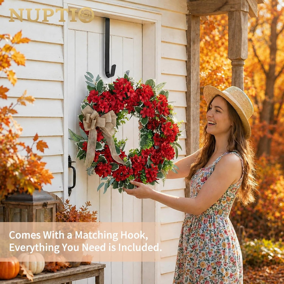 Geranium Wreath for Front Door: Christmas Red Wreaths, 24 Inch