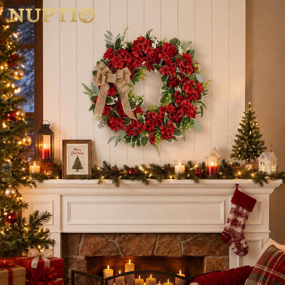 Geranium Wreath for Front Door: Christmas Red Wreaths, 24 Inch