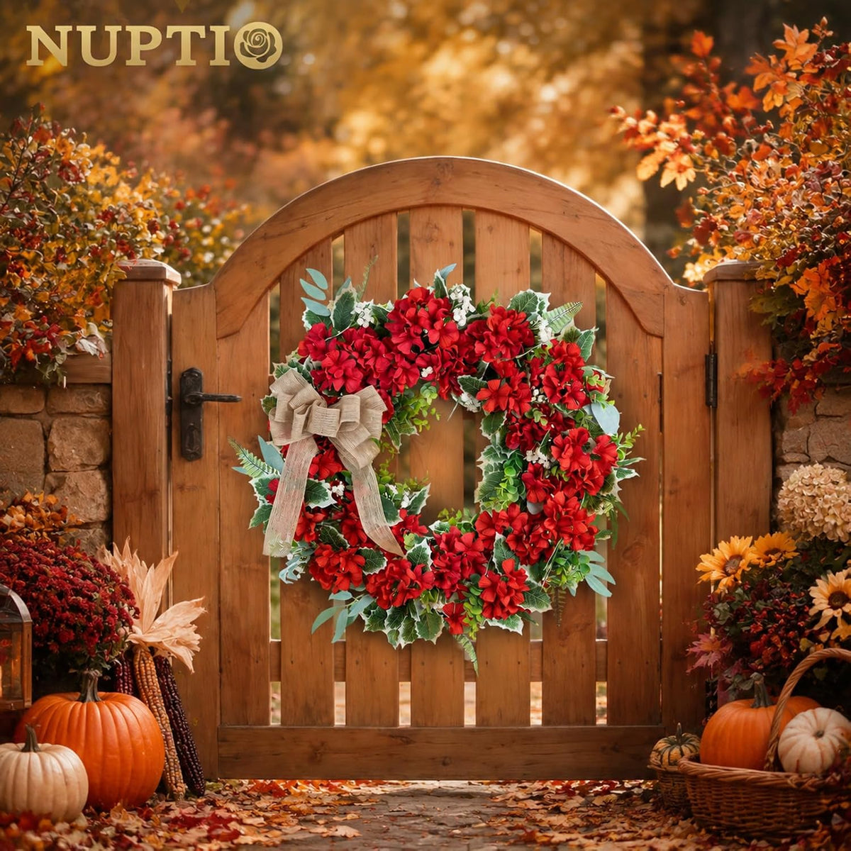 Geranium Wreath for Front Door: Christmas Red Wreaths, 24 Inch
