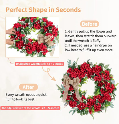 Geranium Wreath for Front Door: Christmas Red Wreaths, 24 Inch