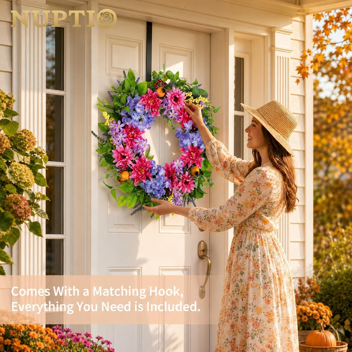 Geranium Wreath for Front Door: Christmas Red Wreaths, 24 Inch