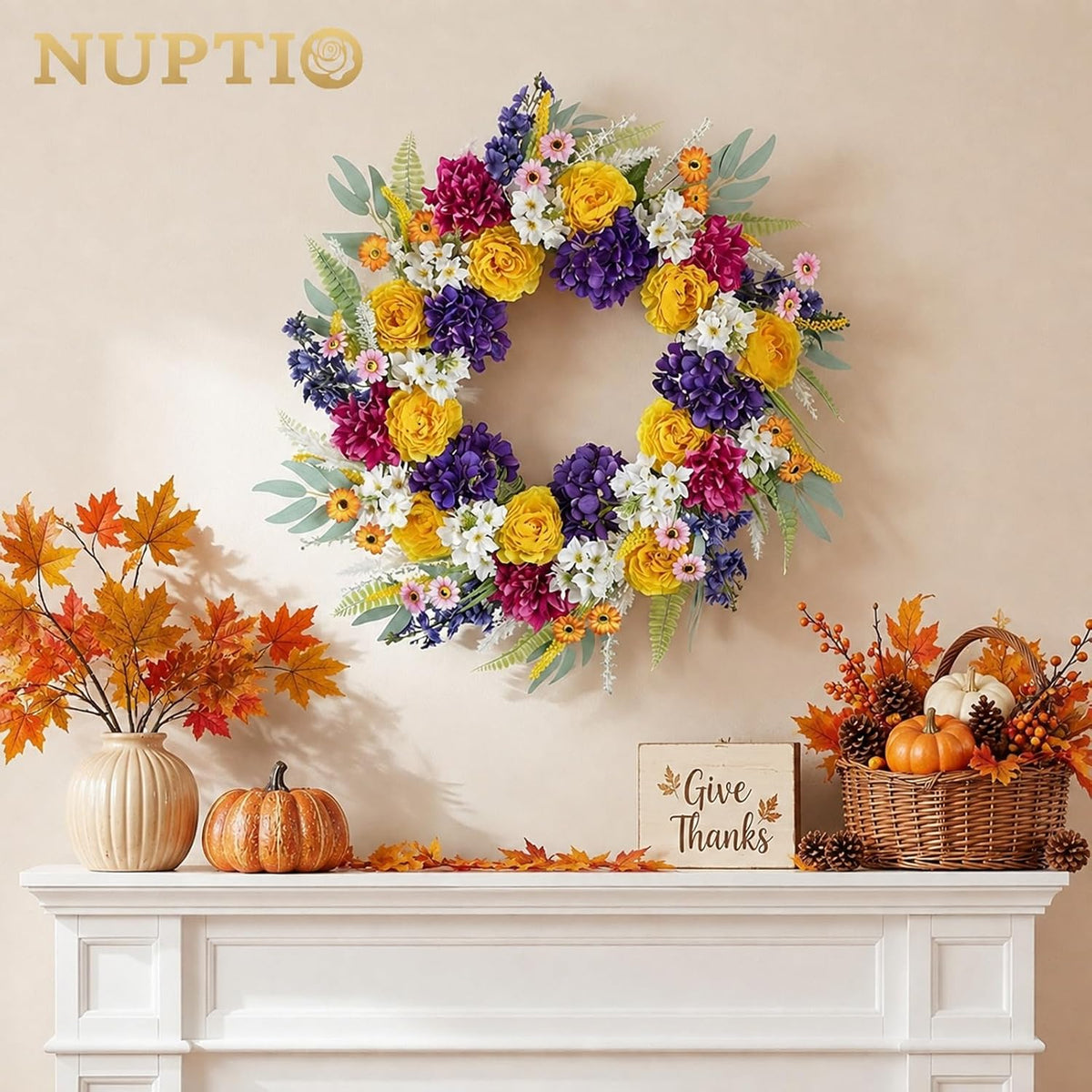 Geranium Wreath for Front Door: Christmas Red Wreaths, 24 Inch