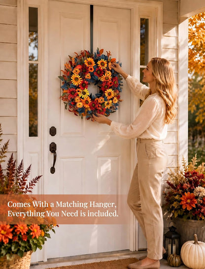 Geranium Wreath for Front Door: Christmas Red Wreaths, 24 Inch