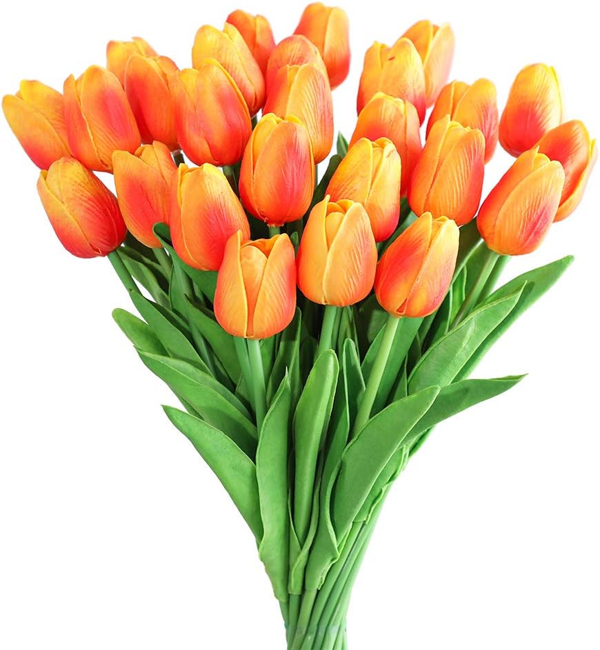 30Pcs Latex Tulips Real Touch Red and Yellow Artificial Flowers Fake Tulips Arrangement Bouquet for Home Office Wedding Decor (Red and Yellow)