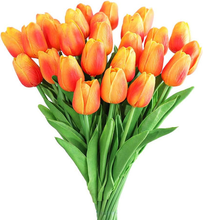 30Pcs Latex Tulips Real Touch Red and Yellow Artificial Flowers Fake Tulips Arrangement Bouquet for Home Office Wedding Decor (Red and Yellow)