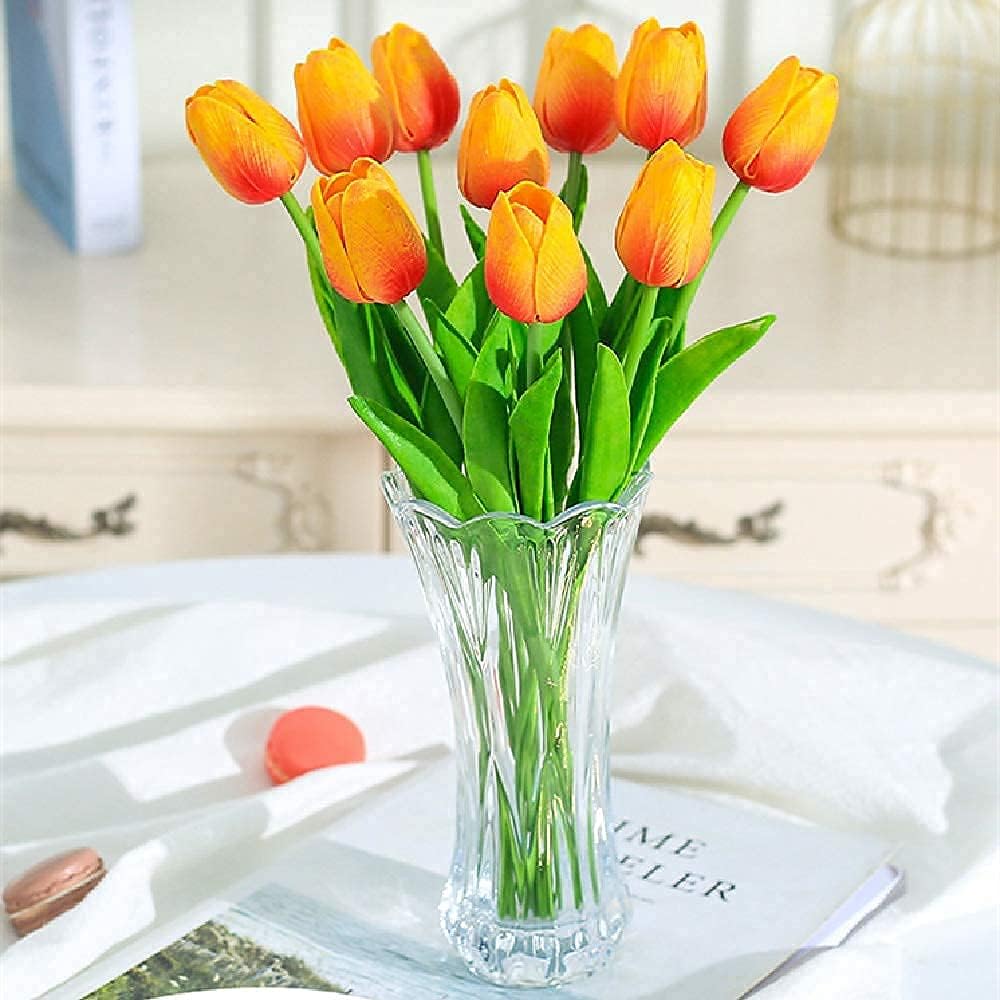 30Pcs Latex Tulips Real Touch Red and Yellow Artificial Flowers Fake Tulips Arrangement Bouquet for Home Office Wedding Decor (Red and Yellow)