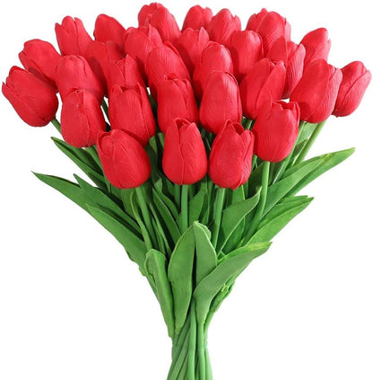 30Pcs Latex Tulips Real Touch Red and Yellow Artificial Flowers Fake Tulips Arrangement Bouquet for Home Office Wedding Decor (Red and Yellow)