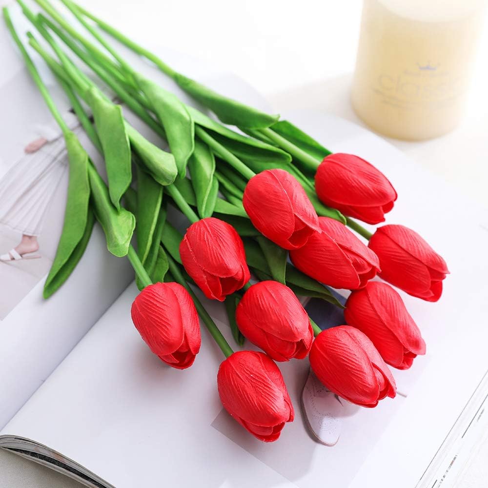 30Pcs Latex Tulips Real Touch Red and Yellow Artificial Flowers Fake Tulips Arrangement Bouquet for Home Office Wedding Decor (Red and Yellow)