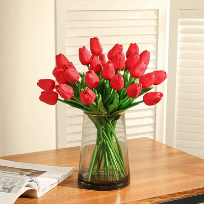 30Pcs Latex Tulips Real Touch Red and Yellow Artificial Flowers Fake Tulips Arrangement Bouquet for Home Office Wedding Decor (Red and Yellow)