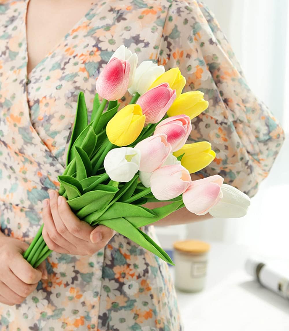 30Pcs Latex Tulips Real Touch Red and Yellow Artificial Flowers Fake Tulips Arrangement Bouquet for Home Office Wedding Decor (Red and Yellow)