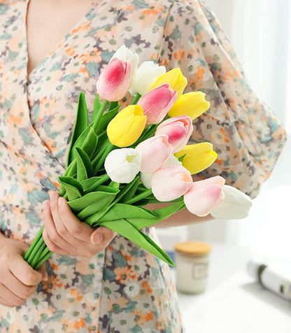 30Pcs Latex Tulips Real Touch Red and Yellow Artificial Flowers Fake Tulips Arrangement Bouquet for Home Office Wedding Decor (Red and Yellow)