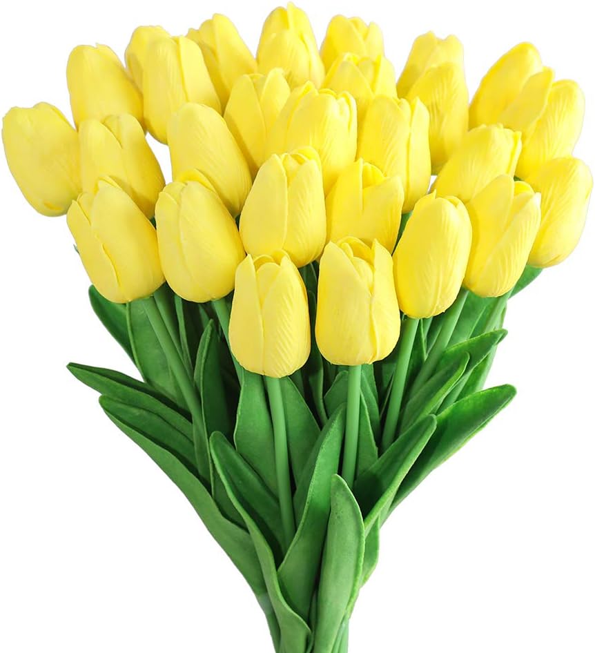 30Pcs Latex Tulips Real Touch Red and Yellow Artificial Flowers Fake Tulips Arrangement Bouquet for Home Office Wedding Decor (Red and Yellow)