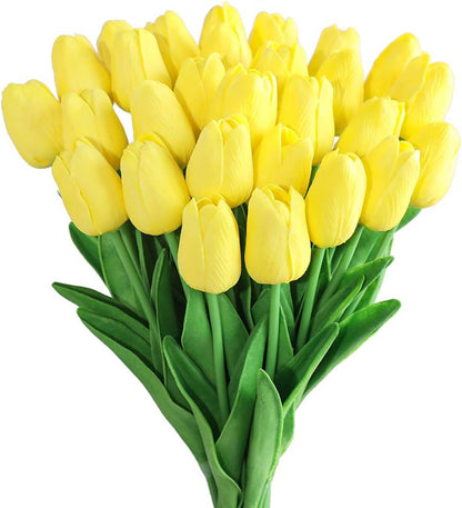 30Pcs Latex Tulips Real Touch Red and Yellow Artificial Flowers Fake Tulips Arrangement Bouquet for Home Office Wedding Decor (Red and Yellow)