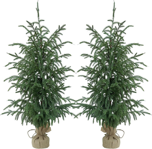 Artificial Norfolk Pine Trees 2 Pack, 3FT Fake Potted Tree with Decorative Burlap Base & Real Touch Leaves, UV Protected Indoor Outdoor Plant for Home Office Garden Decor
