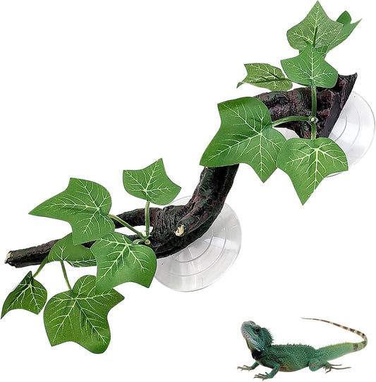 Reptile Corner Branch Resin Climb Tree Branch Decor with Leaves Terrarium Plant Decoration with Suction Cup Gecko Plant Ornament for Amphibian Lizard Snake Climbing