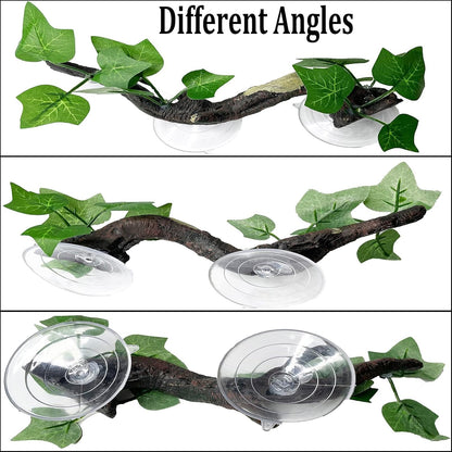 Reptile Corner Branch Resin Climb Tree Branch Decor with Leaves Terrarium Plant Decoration with Suction Cup Gecko Plant Ornament for Amphibian Lizard Snake Climbing