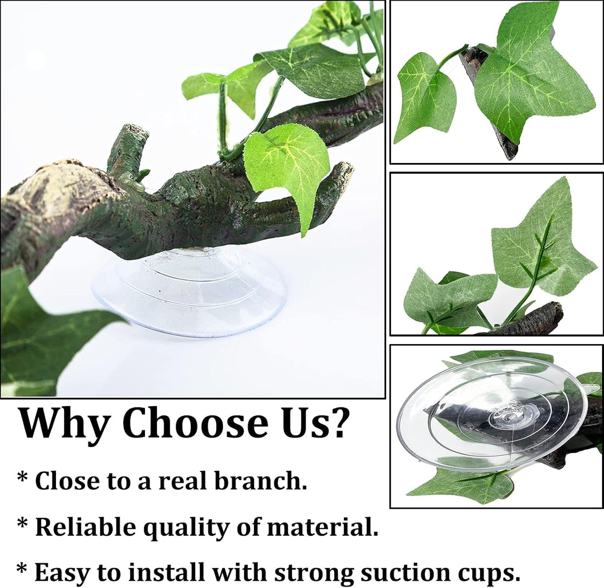 Reptile Corner Branch Resin Climb Tree Branch Decor with Leaves Terrarium Plant Decoration with Suction Cup Gecko Plant Ornament for Amphibian Lizard Snake Climbing