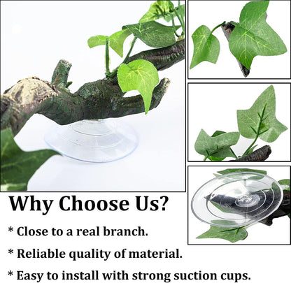 Reptile Corner Branch Resin Climb Tree Branch Decor with Leaves Terrarium Plant Decoration with Suction Cup Gecko Plant Ornament for Amphibian Lizard Snake Climbing