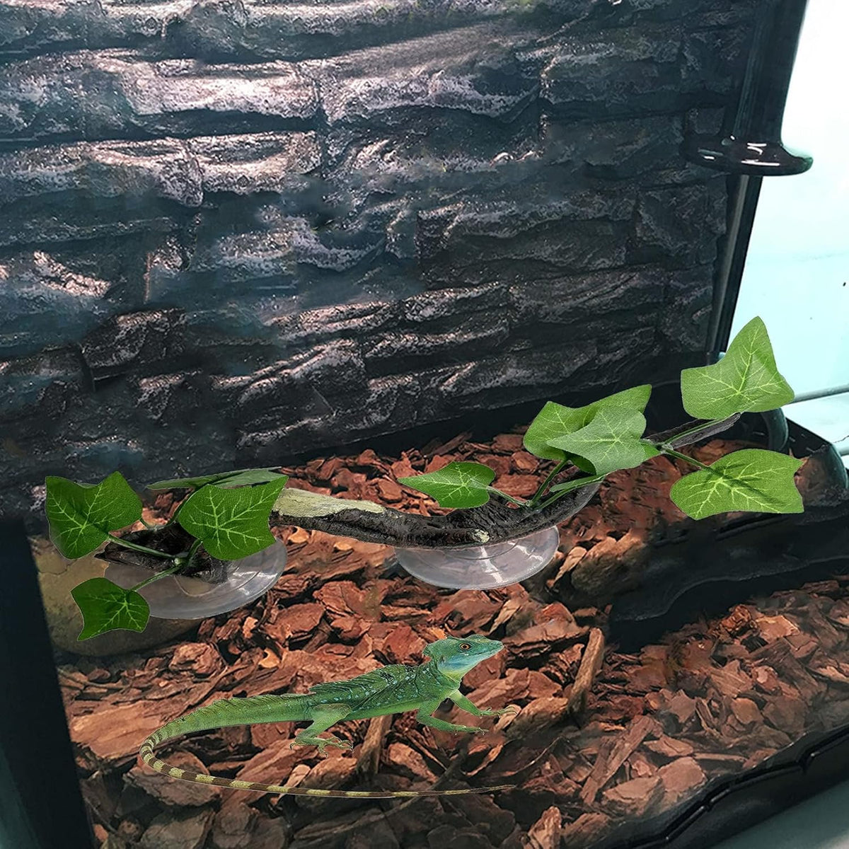 Reptile Corner Branch Resin Climb Tree Branch Decor with Leaves Terrarium Plant Decoration with Suction Cup Gecko Plant Ornament for Amphibian Lizard Snake Climbing