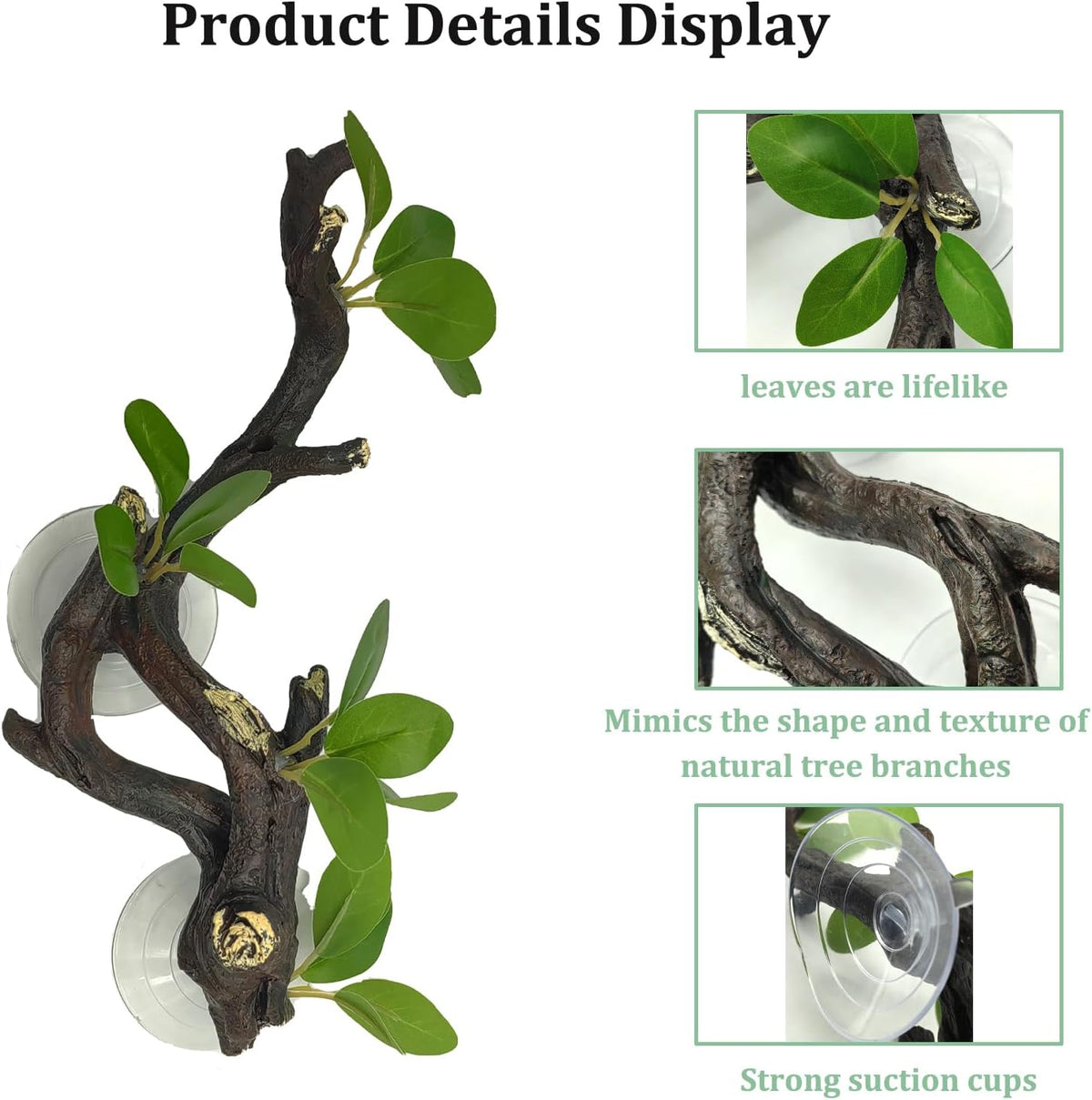 Reptile Corner Branch Resin Climb Tree Branch Decor with Leaves Terrarium Plant Decoration with Suction Cup Gecko Plant Ornament for Amphibian Lizard Snake Climbing