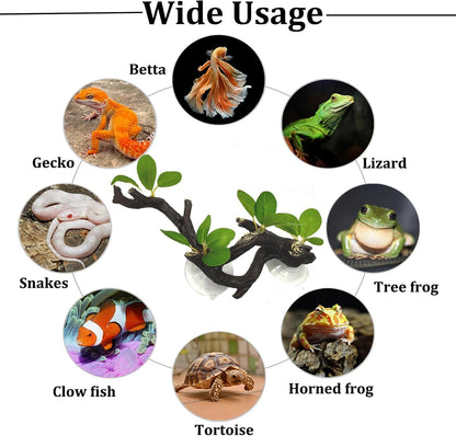 Reptile Corner Branch Resin Climb Tree Branch Decor with Leaves Terrarium Plant Decoration with Suction Cup Gecko Plant Ornament for Amphibian Lizard Snake Climbing