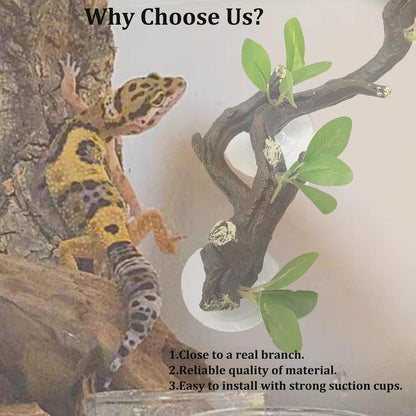 Reptile Corner Branch Resin Climb Tree Branch Decor with Leaves Terrarium Plant Decoration with Suction Cup Gecko Plant Ornament for Amphibian Lizard Snake Climbing