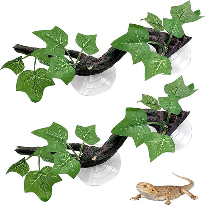Reptile Corner Branch Resin Climb Tree Branch Decor with Leaves Terrarium Plant Decoration with Suction Cup Gecko Plant Ornament for Amphibian Lizard Snake Climbing