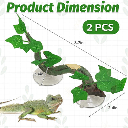 Reptile Corner Branch Resin Climb Tree Branch Decor with Leaves Terrarium Plant Decoration with Suction Cup Gecko Plant Ornament for Amphibian Lizard Snake Climbing