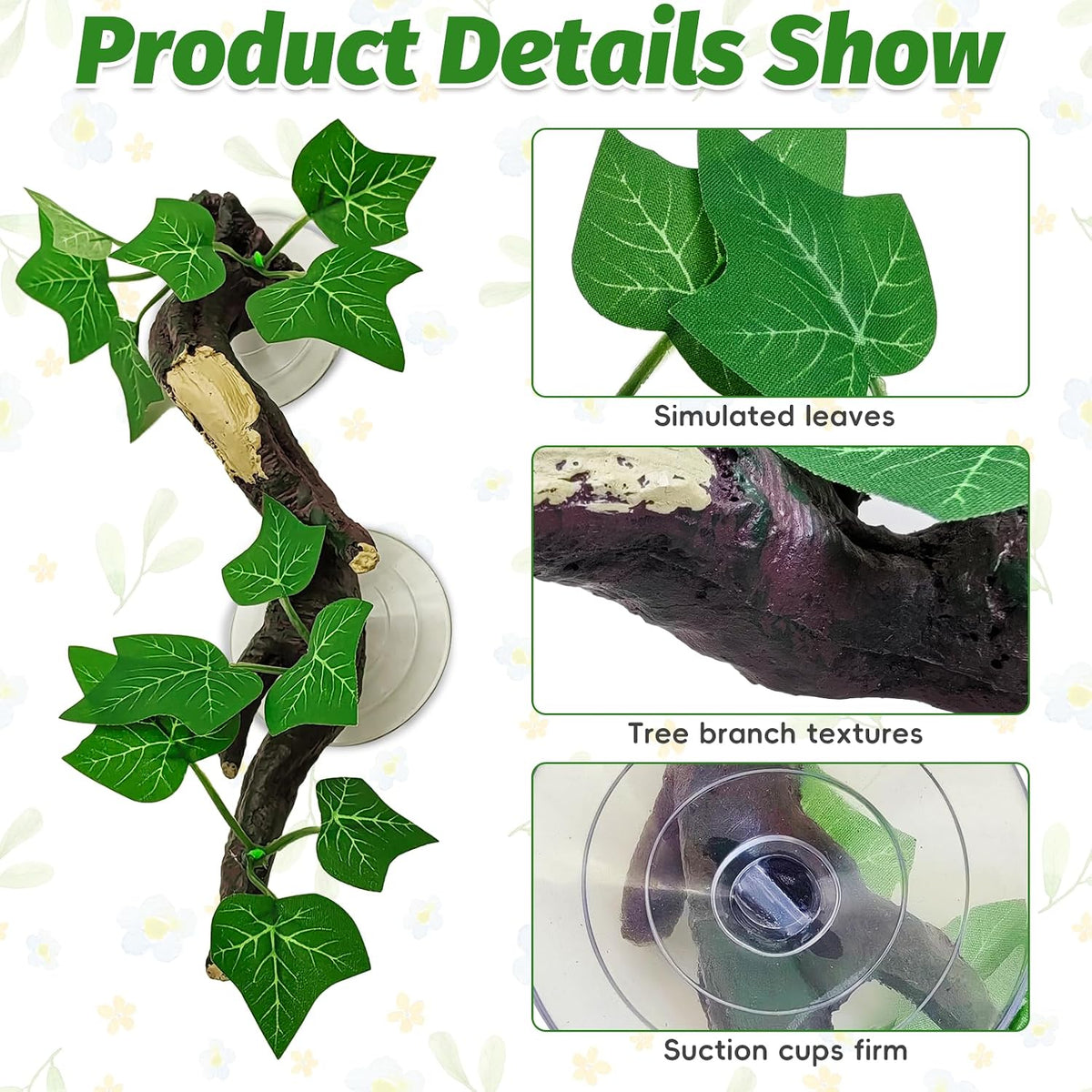 Reptile Corner Branch Resin Climb Tree Branch Decor with Leaves Terrarium Plant Decoration with Suction Cup Gecko Plant Ornament for Amphibian Lizard Snake Climbing