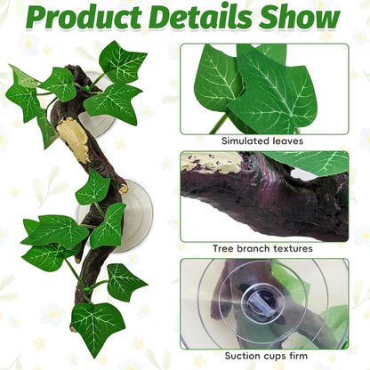 Reptile Corner Branch Resin Climb Tree Branch Decor with Leaves Terrarium Plant Decoration with Suction Cup Gecko Plant Ornament for Amphibian Lizard Snake Climbing