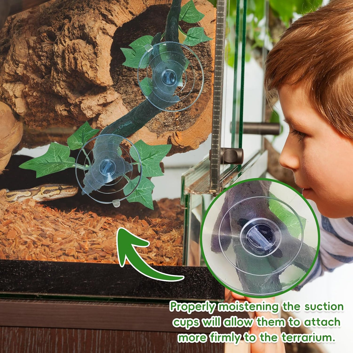 Reptile Corner Branch Resin Climb Tree Branch Decor with Leaves Terrarium Plant Decoration with Suction Cup Gecko Plant Ornament for Amphibian Lizard Snake Climbing