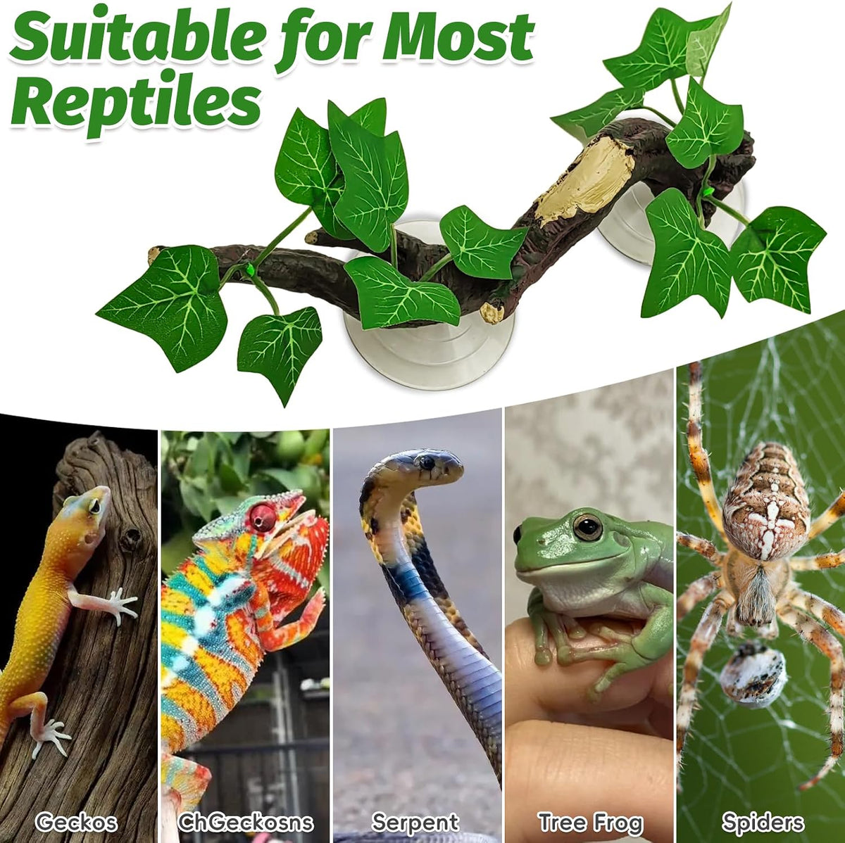 Reptile Corner Branch Resin Climb Tree Branch Decor with Leaves Terrarium Plant Decoration with Suction Cup Gecko Plant Ornament for Amphibian Lizard Snake Climbing