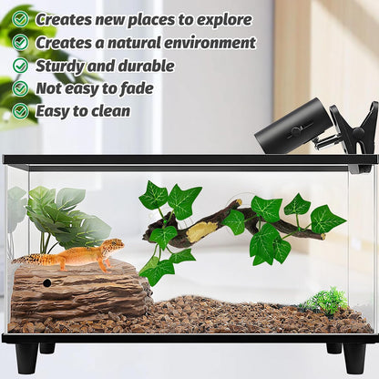Reptile Corner Branch Resin Climb Tree Branch Decor with Leaves Terrarium Plant Decoration with Suction Cup Gecko Plant Ornament for Amphibian Lizard Snake Climbing