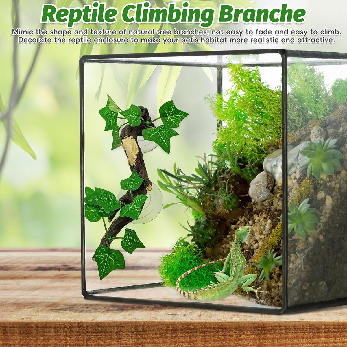 Reptile Corner Branch Resin Climb Tree Branch Decor with Leaves Terrarium Plant Decoration with Suction Cup Gecko Plant Ornament for Amphibian Lizard Snake Climbing