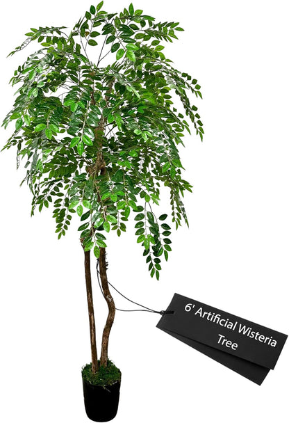 Handmade 6ft Artificial Wisteria Tree with Real Wood Trunks, Hypoallergenic, 6 Foot, Green