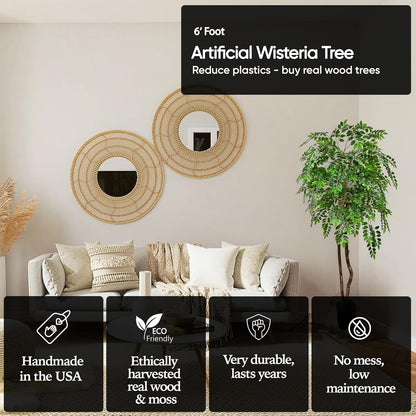 Handmade 6ft Artificial Wisteria Tree with Real Wood Trunks, Hypoallergenic, 6 Foot, Green