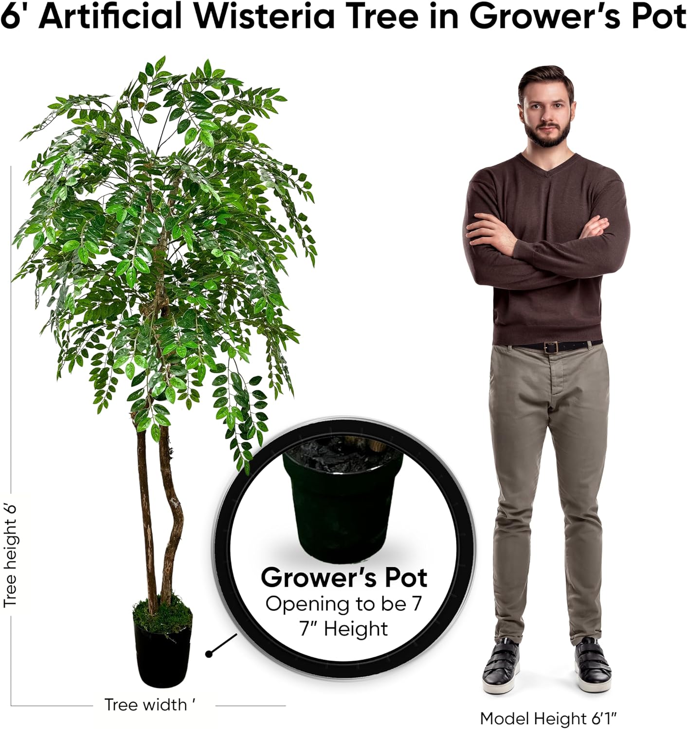 Handmade 6ft Artificial Wisteria Tree with Real Wood Trunks, Hypoallergenic, 6 Foot, Green