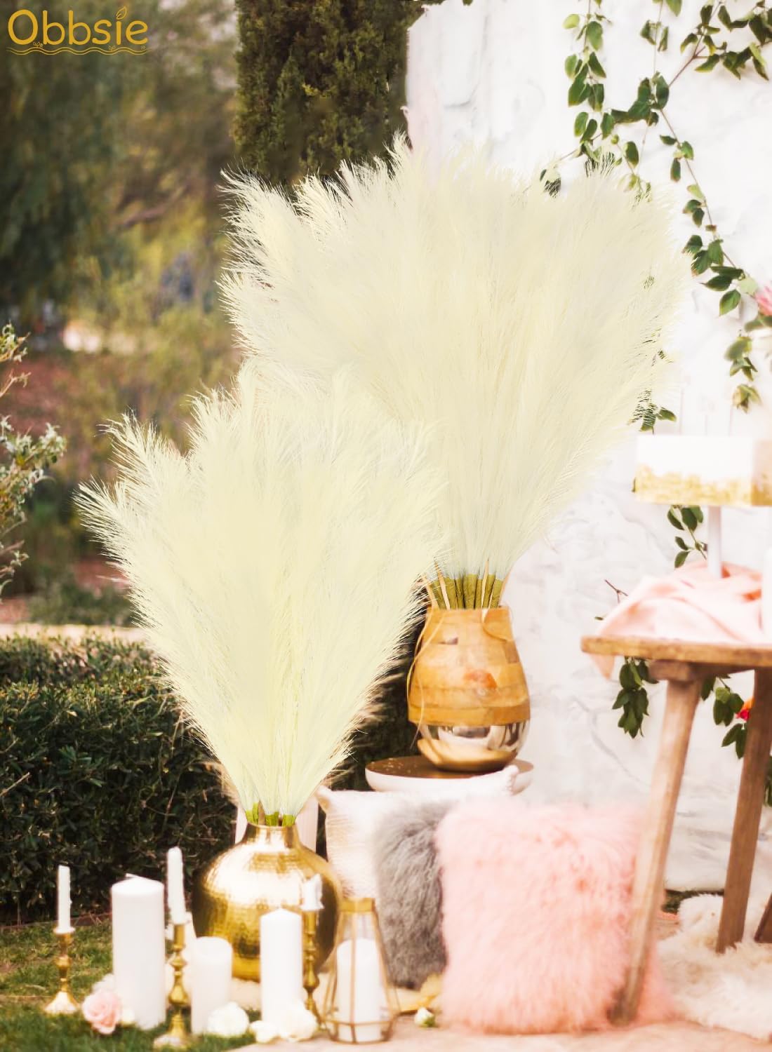 obbsie 50PCS Faux Pampas Grass, 21.6" Short Artificial Pompous Grass Floral Fake Pompas Grass Branches Vase Filler Flower Arrangement for Home Wedding Boho Decor, Beige