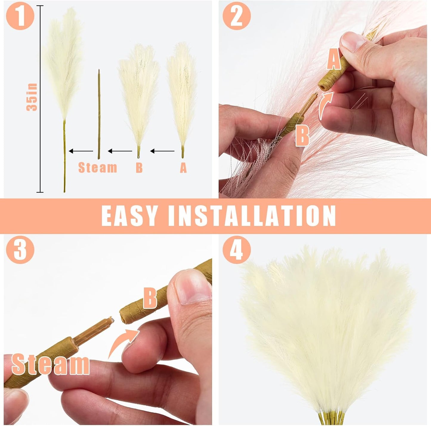 obbsie 50PCS Faux Pampas Grass, 21.6" Short Artificial Pompous Grass Floral Fake Pompas Grass Branches Vase Filler Flower Arrangement for Home Wedding Boho Decor, Beige