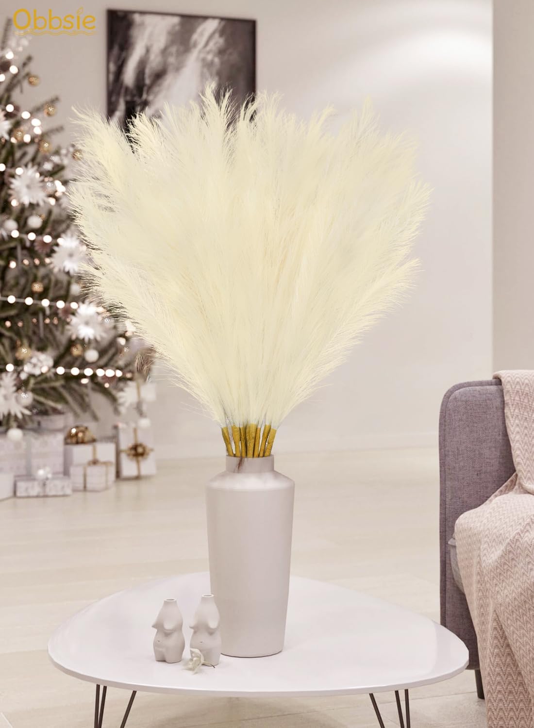 obbsie 50PCS Faux Pampas Grass, 21.6" Short Artificial Pompous Grass Floral Fake Pompas Grass Branches Vase Filler Flower Arrangement for Home Wedding Boho Decor, Beige