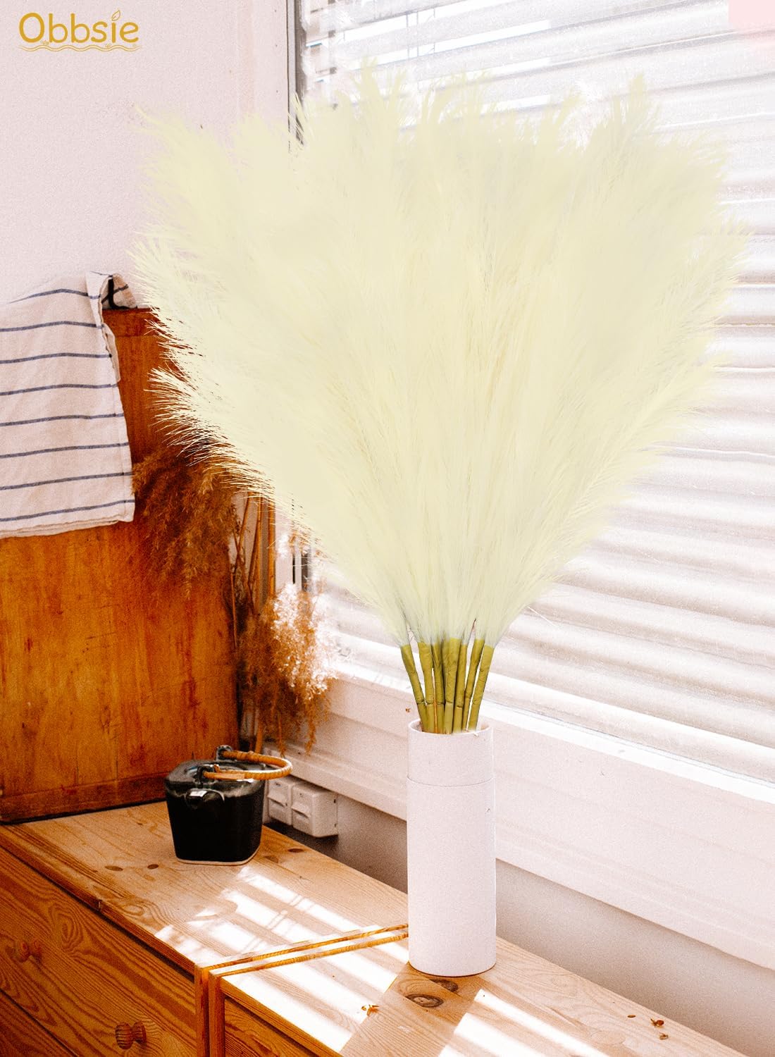 obbsie 50PCS Faux Pampas Grass, 21.6" Short Artificial Pompous Grass Floral Fake Pompas Grass Branches Vase Filler Flower Arrangement for Home Wedding Boho Decor, Beige