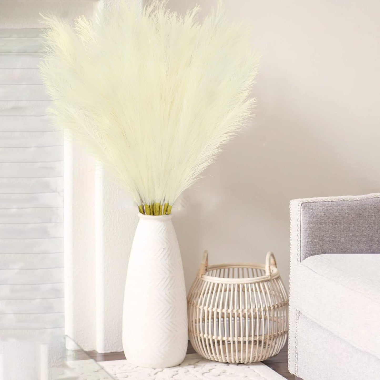 obbsie 50PCS Faux Pampas Grass, 21.6" Short Artificial Pompous Grass Floral Fake Pompas Grass Branches Vase Filler Flower Arrangement for Home Wedding Boho Decor, Beige