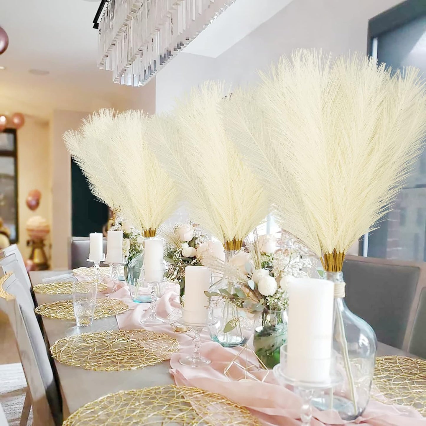 obbsie 50PCS Faux Pampas Grass, 21.6" Short Artificial Pompous Grass Floral Fake Pompas Grass Branches Vase Filler Flower Arrangement for Home Wedding Boho Decor, Beige
