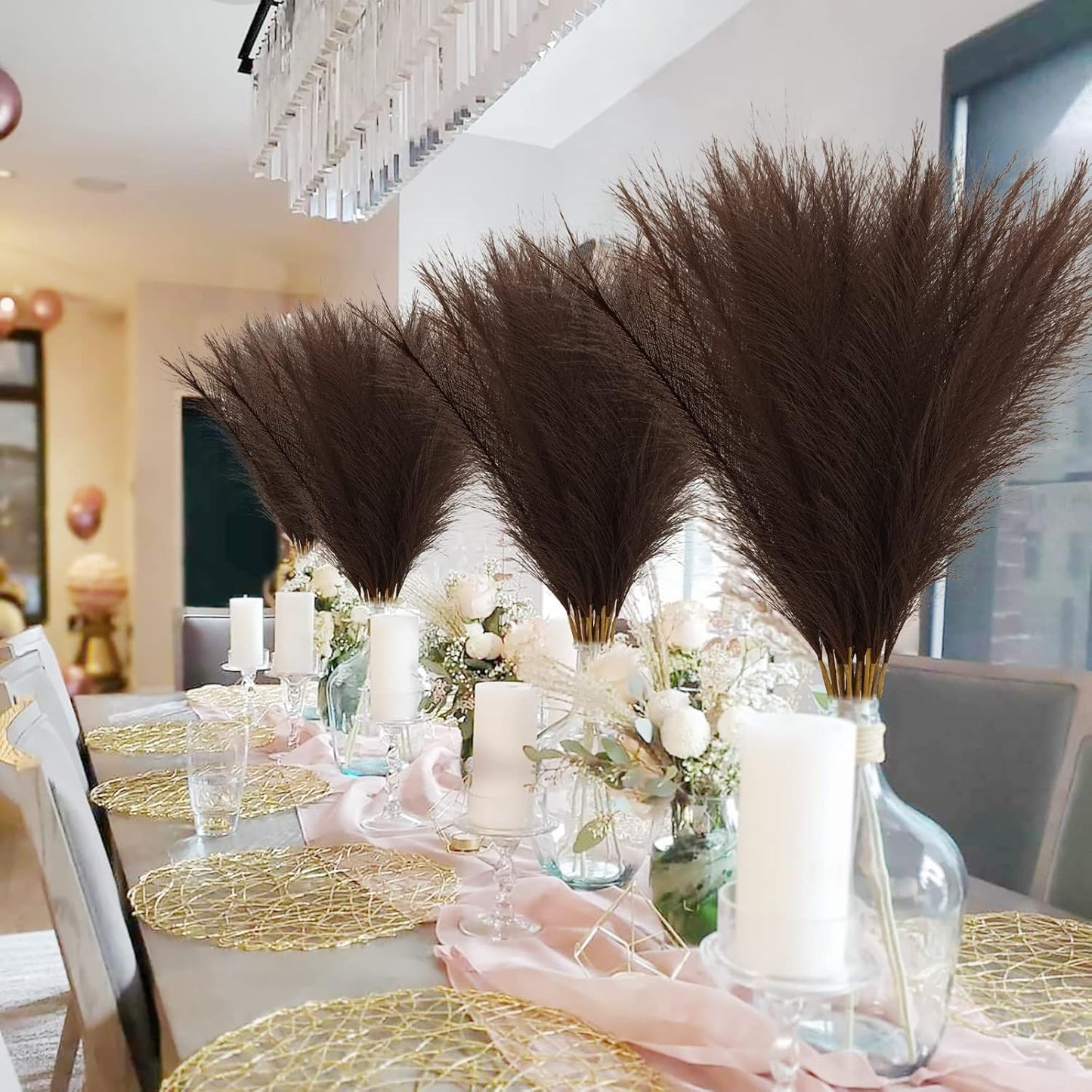 obbsie 50PCS Faux Pampas Grass, 21.6" Short Artificial Pompous Grass Floral Fake Pompas Grass Branches Vase Filler Flower Arrangement for Home Wedding Boho Decor, Beige