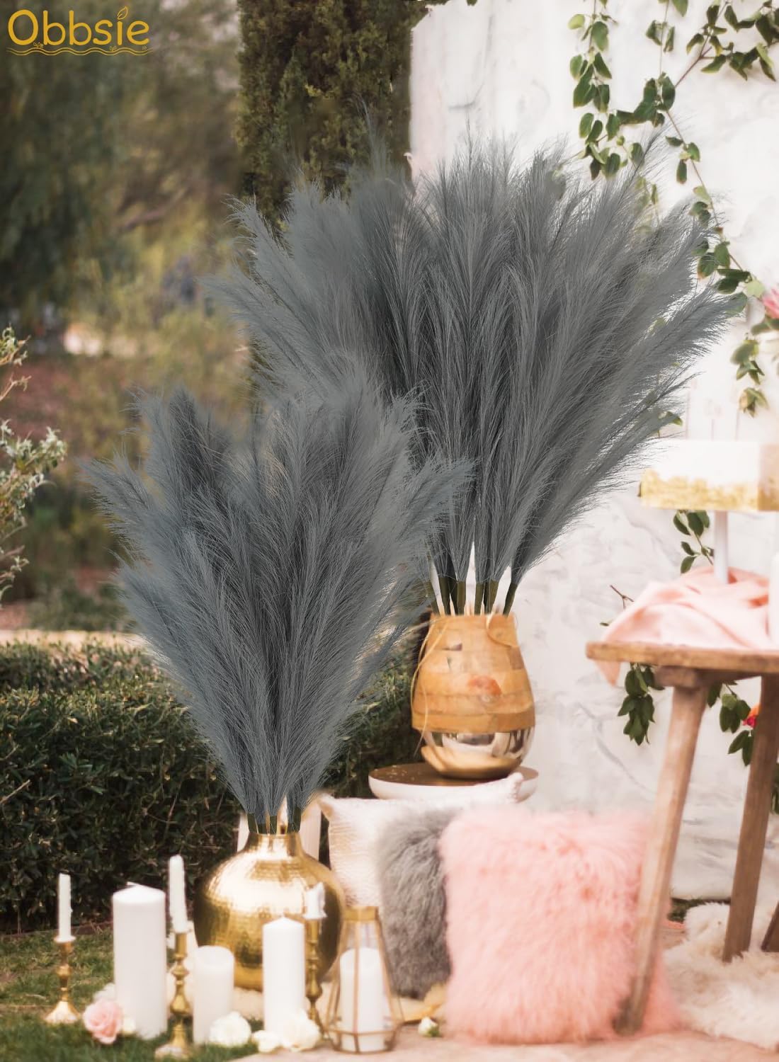 obbsie 50PCS Faux Pampas Grass, 21.6" Short Artificial Pompous Grass Floral Fake Pompas Grass Branches Vase Filler Flower Arrangement for Home Wedding Boho Decor, Beige