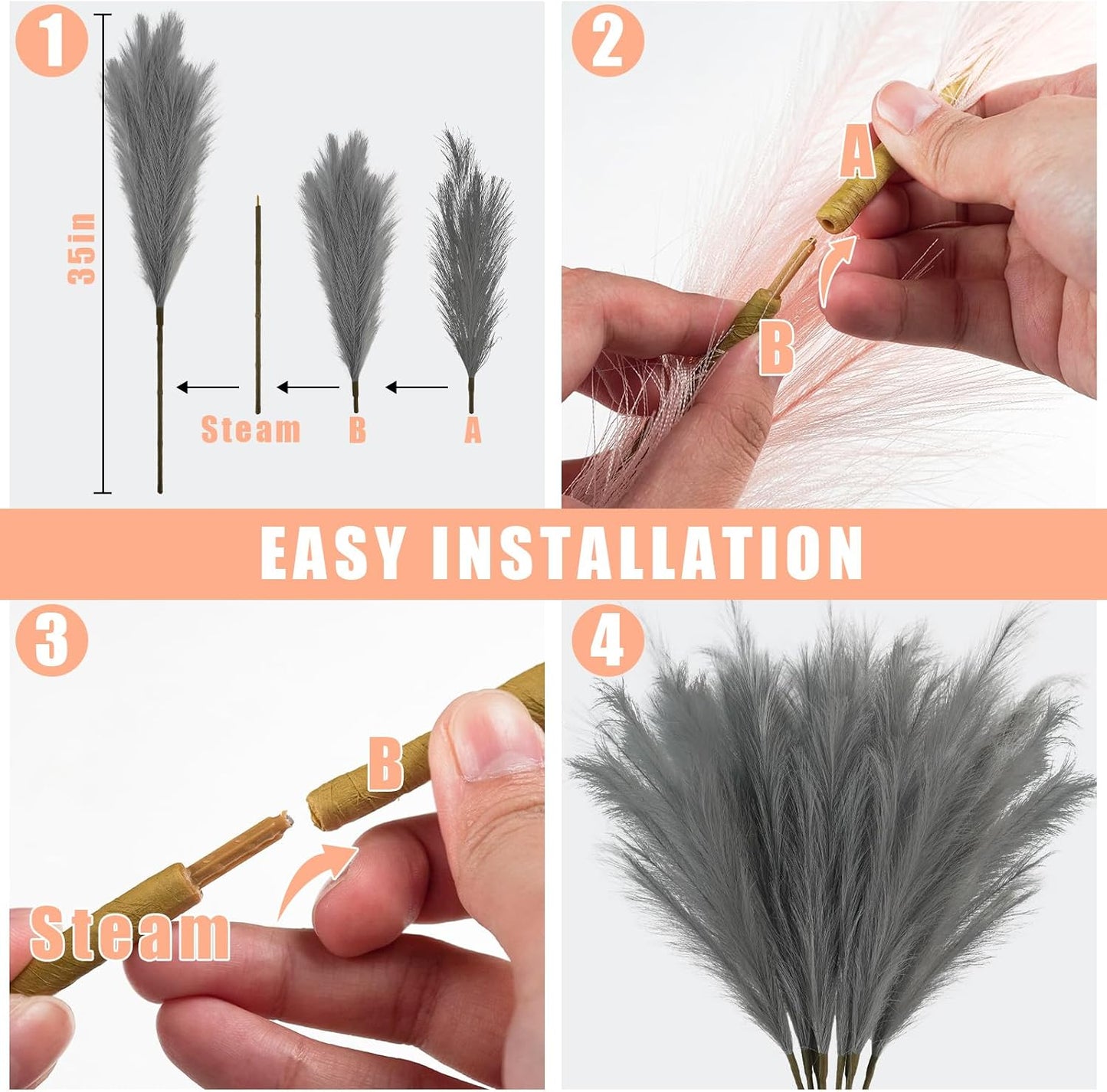obbsie 50PCS Faux Pampas Grass, 21.6" Short Artificial Pompous Grass Floral Fake Pompas Grass Branches Vase Filler Flower Arrangement for Home Wedding Boho Decor, Beige